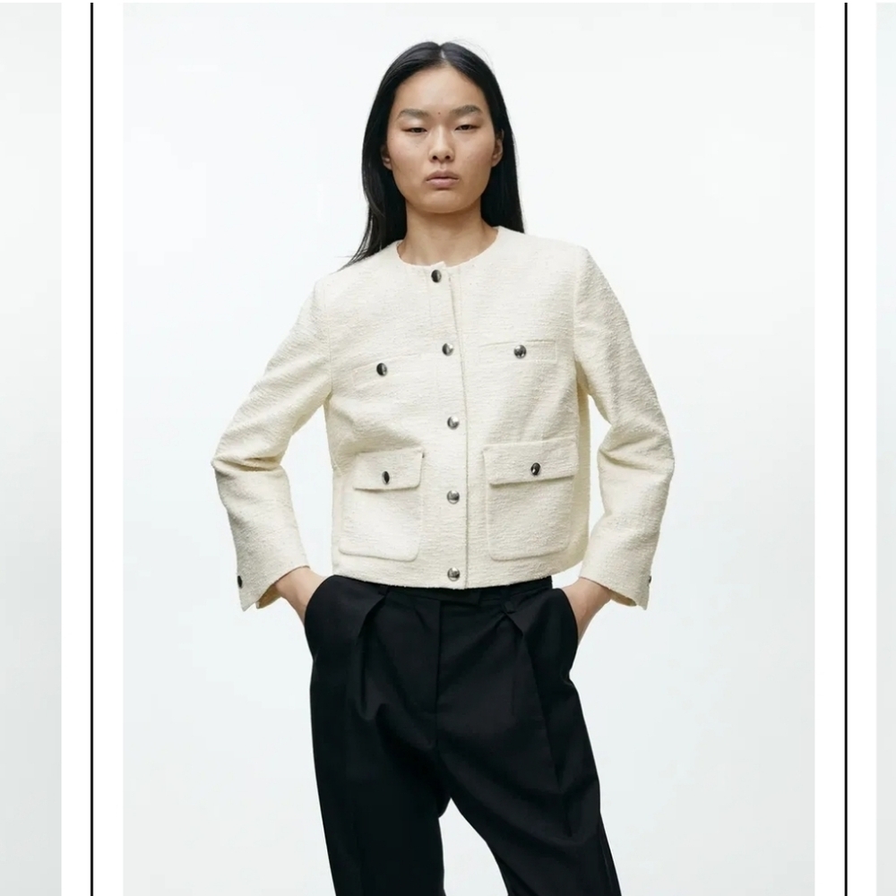 NWT ARKET Cropped Boucle Jacket Sz 6 Off White Textured Cotton Blend